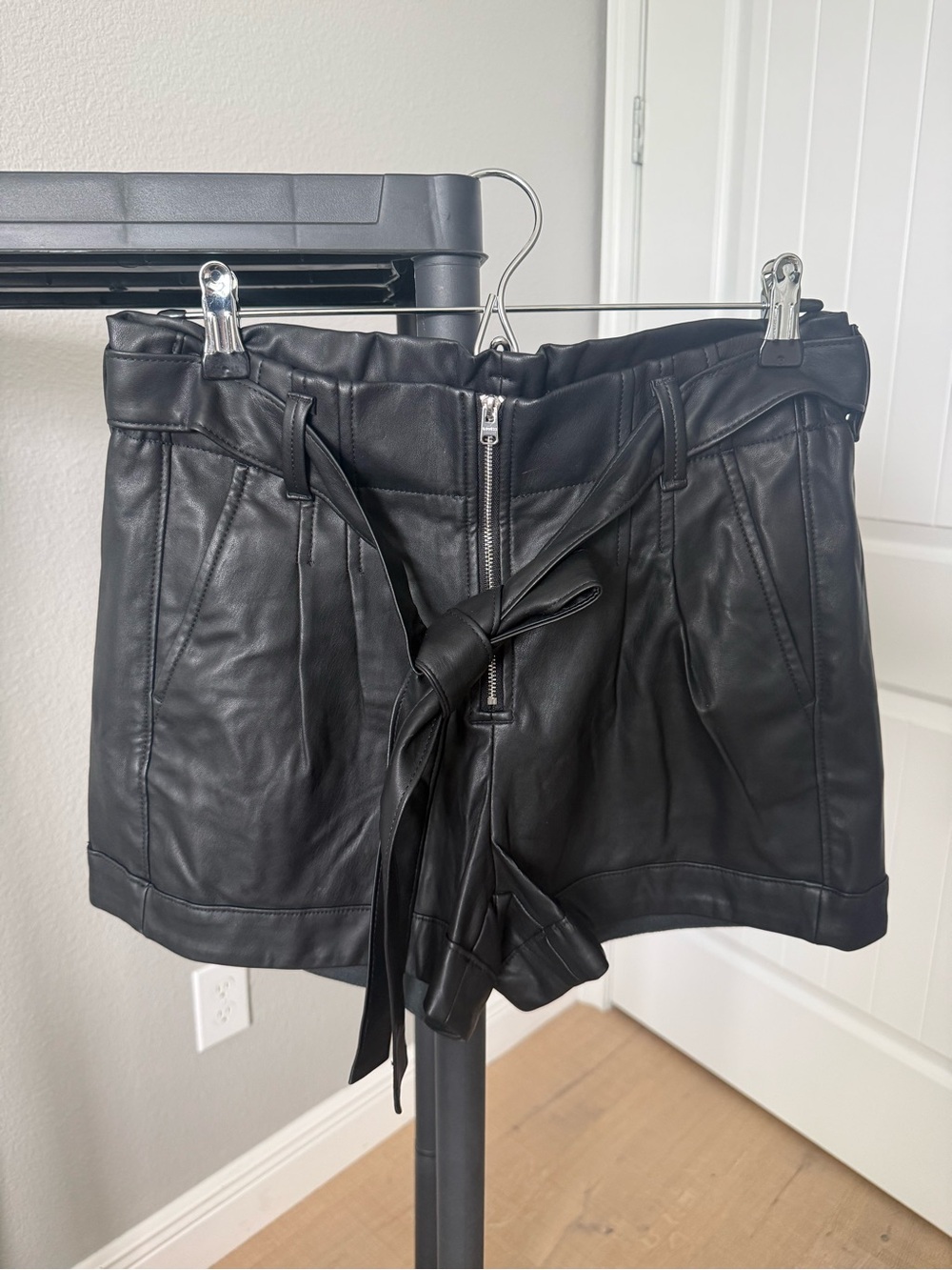 Express Black High-Waist Faux Leather Paperbag Shorts with Tie